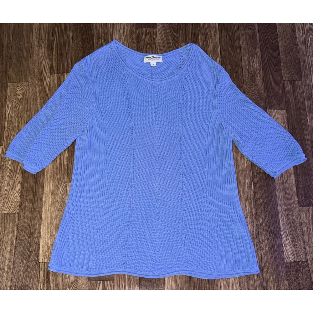 Norm Thompson Knit Top Blue 3/4 Sleeve Chevron Pattern Women's M